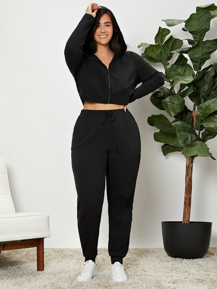 SHEIN Plus Crop Hoodie & Tie Front Sweatpants | SHEIN