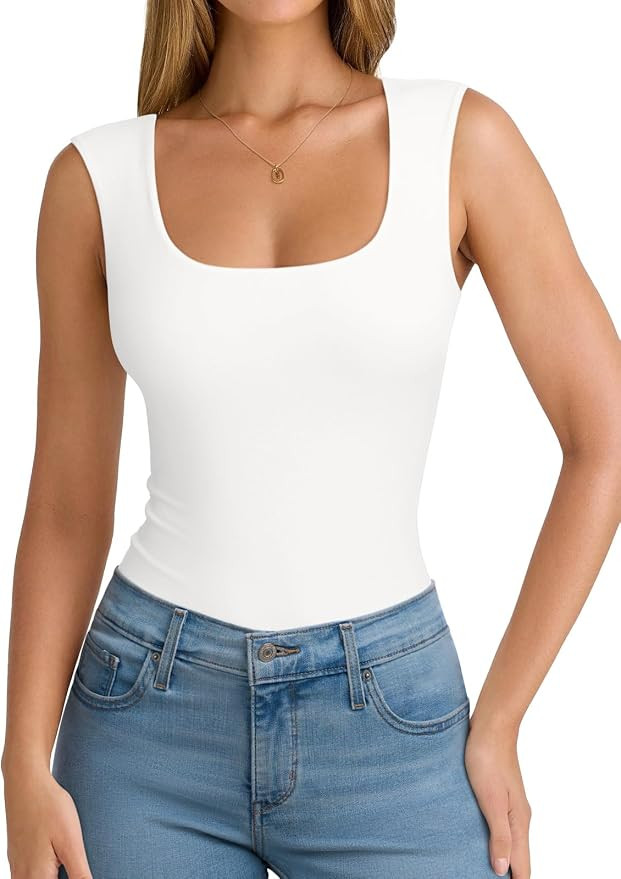 PINKMSTYLE Womens Basic Fitted Square Neck Tank Tops Double Lined Summer Tops Cute Sleeveless Shi... | Amazon (US)