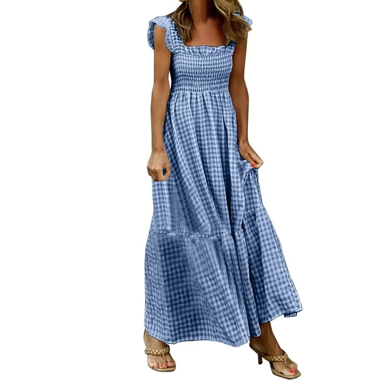 Women's Summer Sun Dresses Casual Sleeveless Crew Neck Smocked High Waist Flowy Tiered A Line Mid... | Walmart (US)
