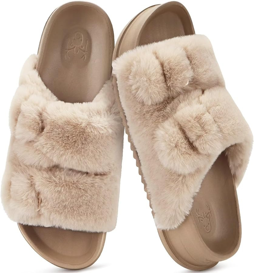KuaiLu Women's Fluff Slippers Plantar Fasciitis Arch Support Platform Slippers Ladies Fashion Ope... | Amazon (US)