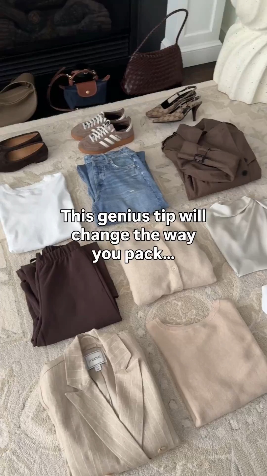 Sudoku packing method for fall - 3 tops, 3 bottoms and 3 layers 

Tops: 
• Aritzia white cotton tee 2XS 
• Quince lightweight cotton Dolman sweater xs, oversized fit 
• Nominee blouse 2XS, loose fit 

Layers:
• Jcrew cardigan XXS  
• Aritzia Finch trench coat 2XS 
• Anthropologie oversized blazer XXS petite 

Bottoms: 
• Rag and Bone “Miramar Sofie Ankle" jeans sz 23. Runs big so go down 1 size at the waist. “ankle” is actually long with a 30” inseam that I shrunk shorter to 27.5”. HEADS UP: All Miramar styles shrink in length if machine dried. 

• Aritzia lodge pants 2XS short drapes beautifully and don’t wrinkle 
 
• old Vineyard Vines white skirt

Shoes: 
• Adidas handball spezial sneakers 5 so comfy but runs big 
• old Madewell ballet flats 5.5, linked similar 
• Gucci slingbacks old 

Accessories: 
• Madewell silk scarf 
• Longchamp mini bag with Amazon detachable strap kit 
• Madewell sunglasses 
• Anthropologie woven bag 
• Polo hat 
• Amazon crossbody sling bag 
• Madewell belt xxs

#LTKTravel #LTKPetite #LTKootd