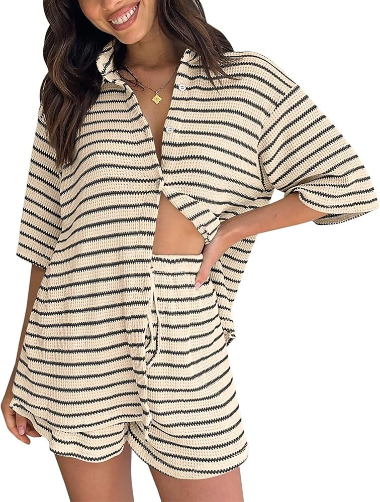 BWQ Women's Knit 2 Piece Outfits Casual Striped Button Down Shirts and Drawstring Shorts Matching... | Amazon (US)
