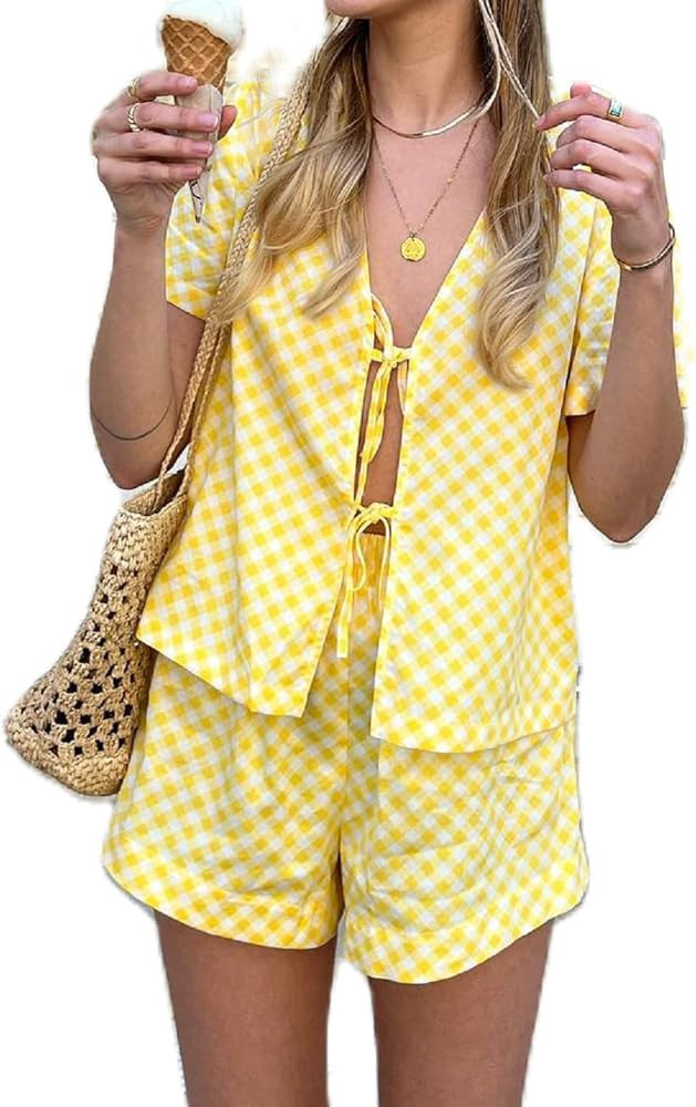 Women Y2K Gingham Pajama Shorts Sets Plaid Peplum Babydoll Two Piece PJ Set Tie Front Loungewear | Amazon (US)