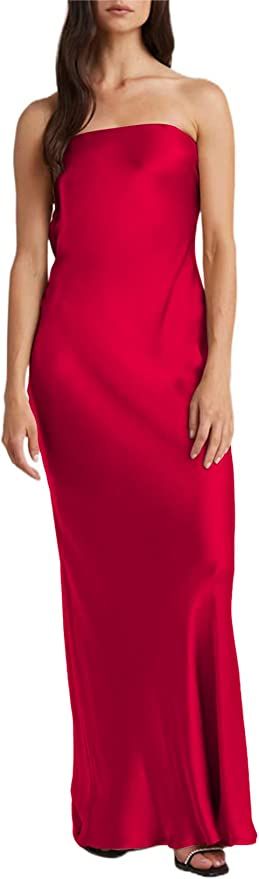 Phicia Women's Satin Strapless Tube Maxi Dresses Sexy Backless Slim Fit Long Dress Elegant Evenin... | Amazon (US)
