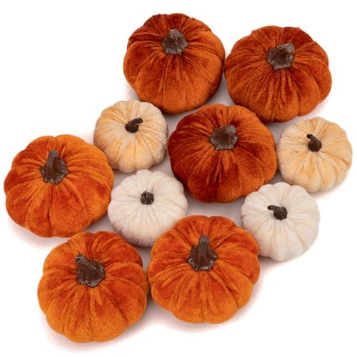 Briful Fall Pumpkins Decoration for Home, 10PCS Assorted Velvet Pumpkins Small Fake Pumpkins for Autumn Harvest Thanksgiving Halloween Party Table Centerpiece Decoration(Beign/Brown/Orange) | Amazon (US)