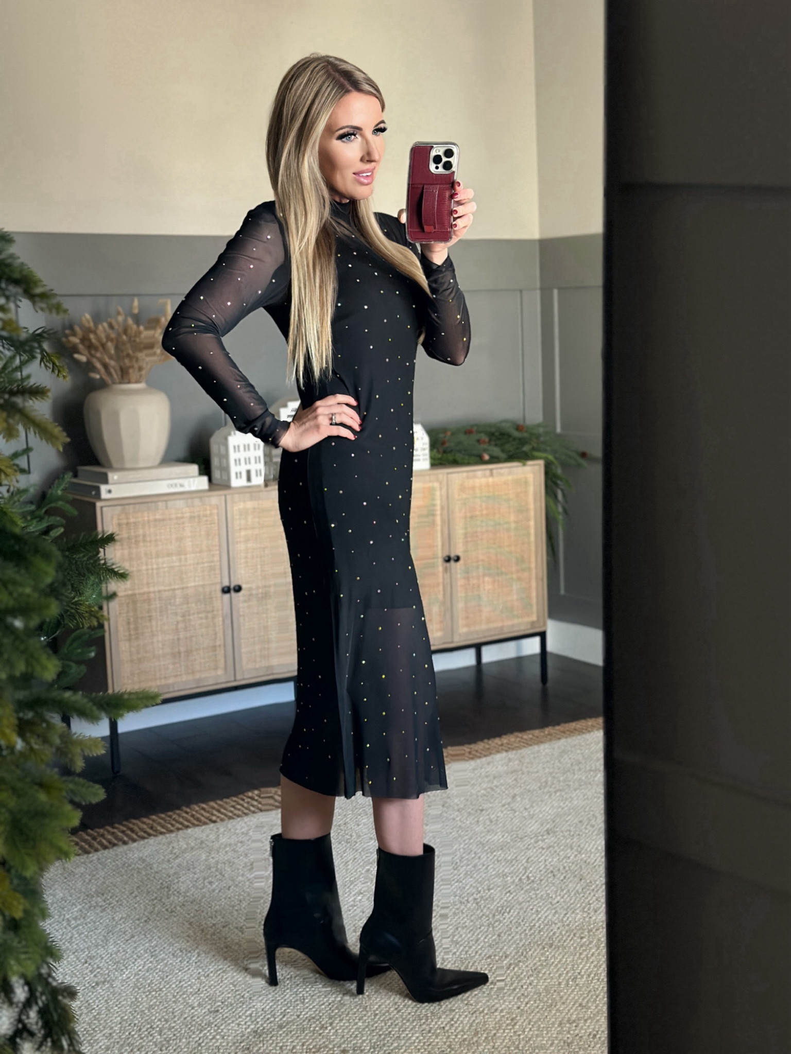 This beautiful mesh, rhinestone midi dress is currently under $25. TTS wearing XS. 

#blackdress #familypictures #dress #christmasparty #holidayparty 
#LTKCyberWeek

#LTKstyletip #LTKover40