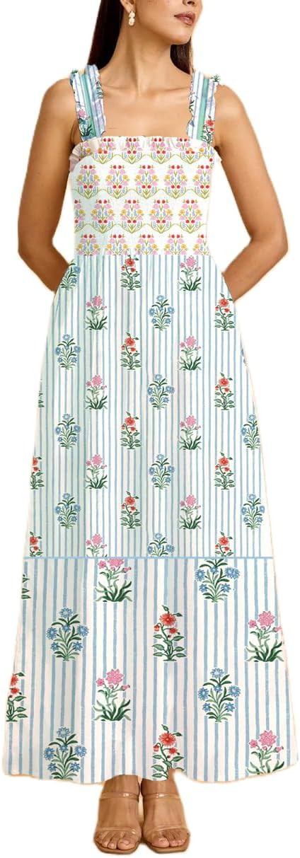 Women Y2k Floral Smocked Maxi Dress Ruffle Strap Square Neck Tiered Flowy Long Dress A Line Boho ... | Amazon (US)