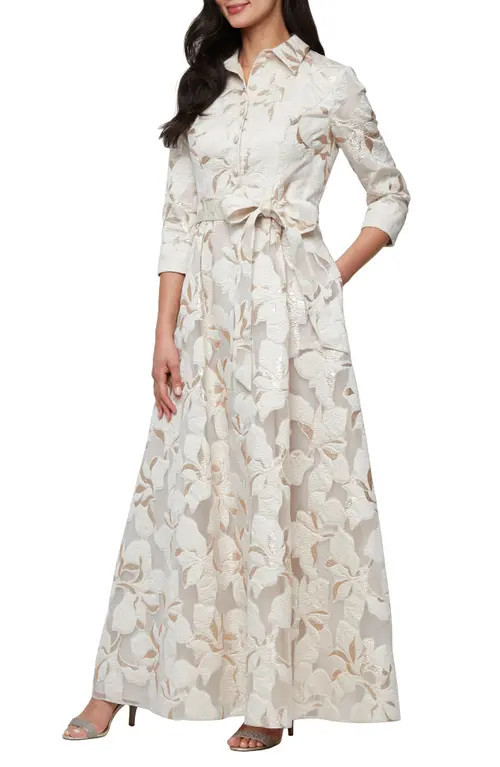 Alex Evenings Metallic Jacquard Tie Waist Gown in Ivory Gold at Nordstrom, Size 8 | Nordstrom