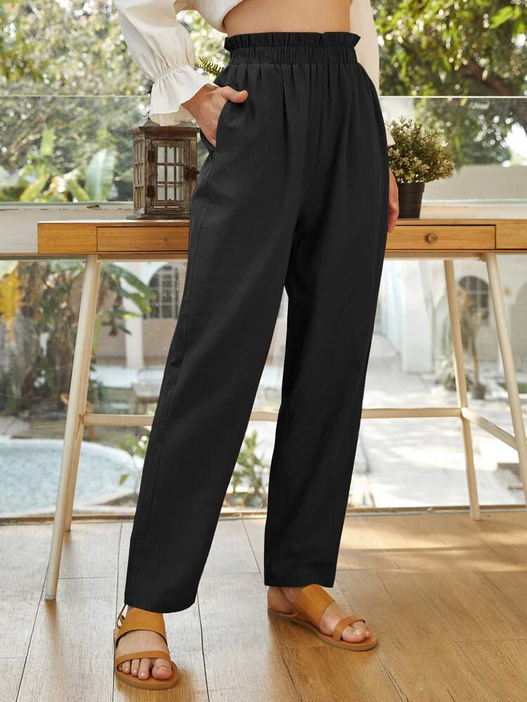 Paperbag Waist Solid Carrot Pants | SHEIN