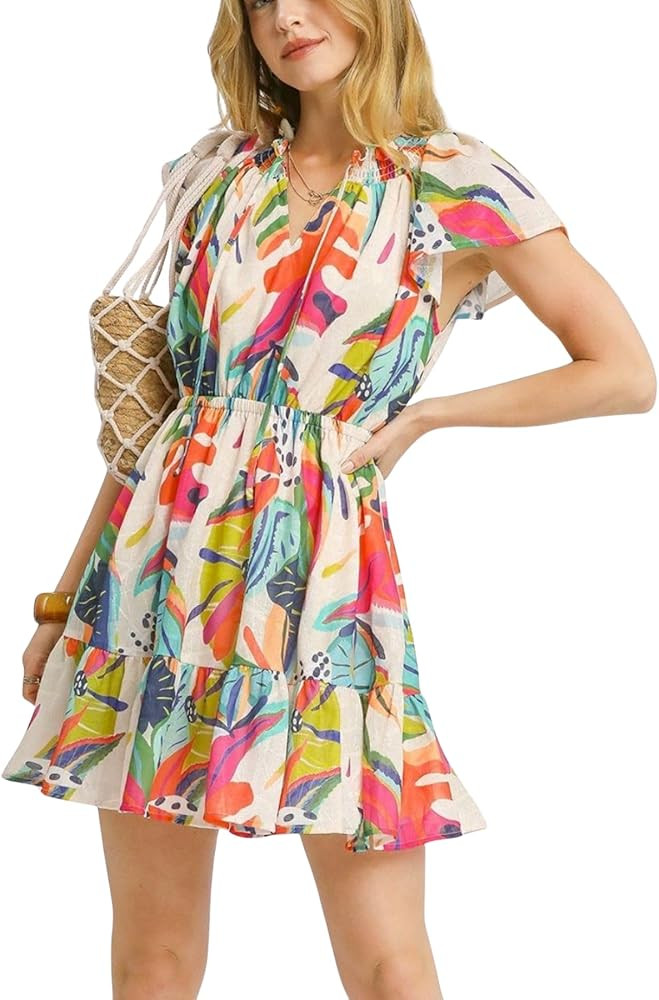 Womens Casual Tropical Mini Dress Flutter Sleeve V Neck Ruffle Hem Summer Beach Floral Print Vaca... | Amazon (US)