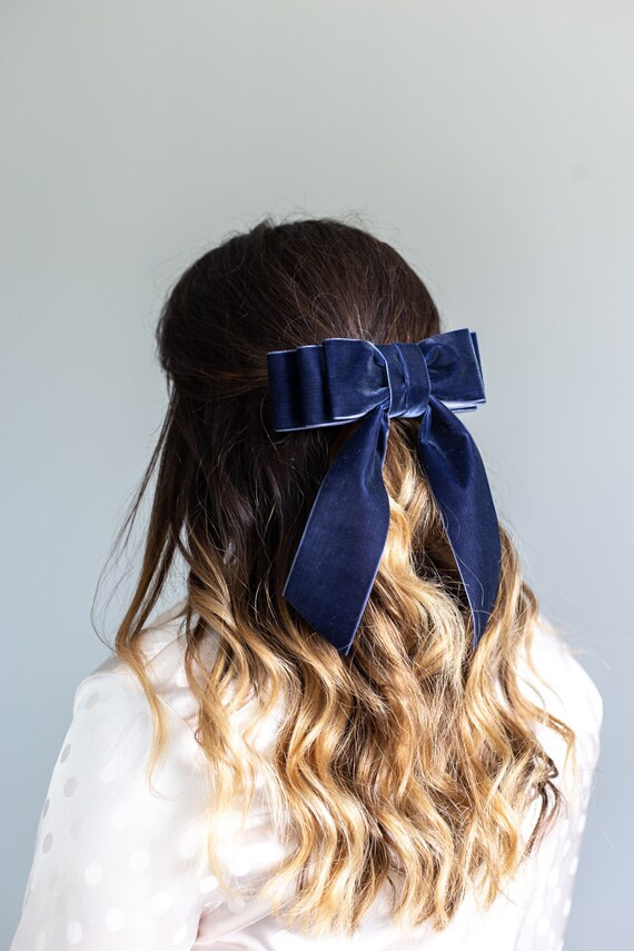 Velvet Hair Bow Long Tail French Barrette | Grace & Grandeur Grace Bow Midnight Blue | Etsy (US)