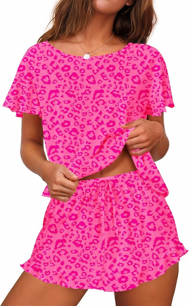 Ekouaer Women's Pajama Set Ruffle Sleeves Top and Short Soft 2 Piece Loungewear Set | Amazon (US)