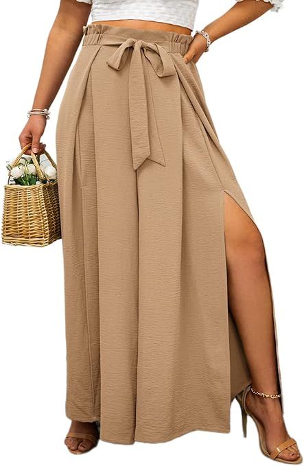 Simplee Women's Elegant Striped Split High Waisted Belted Flowy Wide Leg Pants | Amazon (US)
