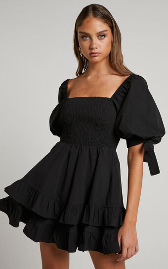 Chelle Shirred Short Tie Sleeve Mini Dress in Black | Showpo (US, UK & Europe)