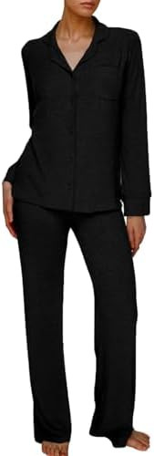 AnotherChill Women's Pajamas Set Long Sleeve Button Down Ribbed Knit 2 Piece Sleep Sets Loungewea... | Amazon (US)