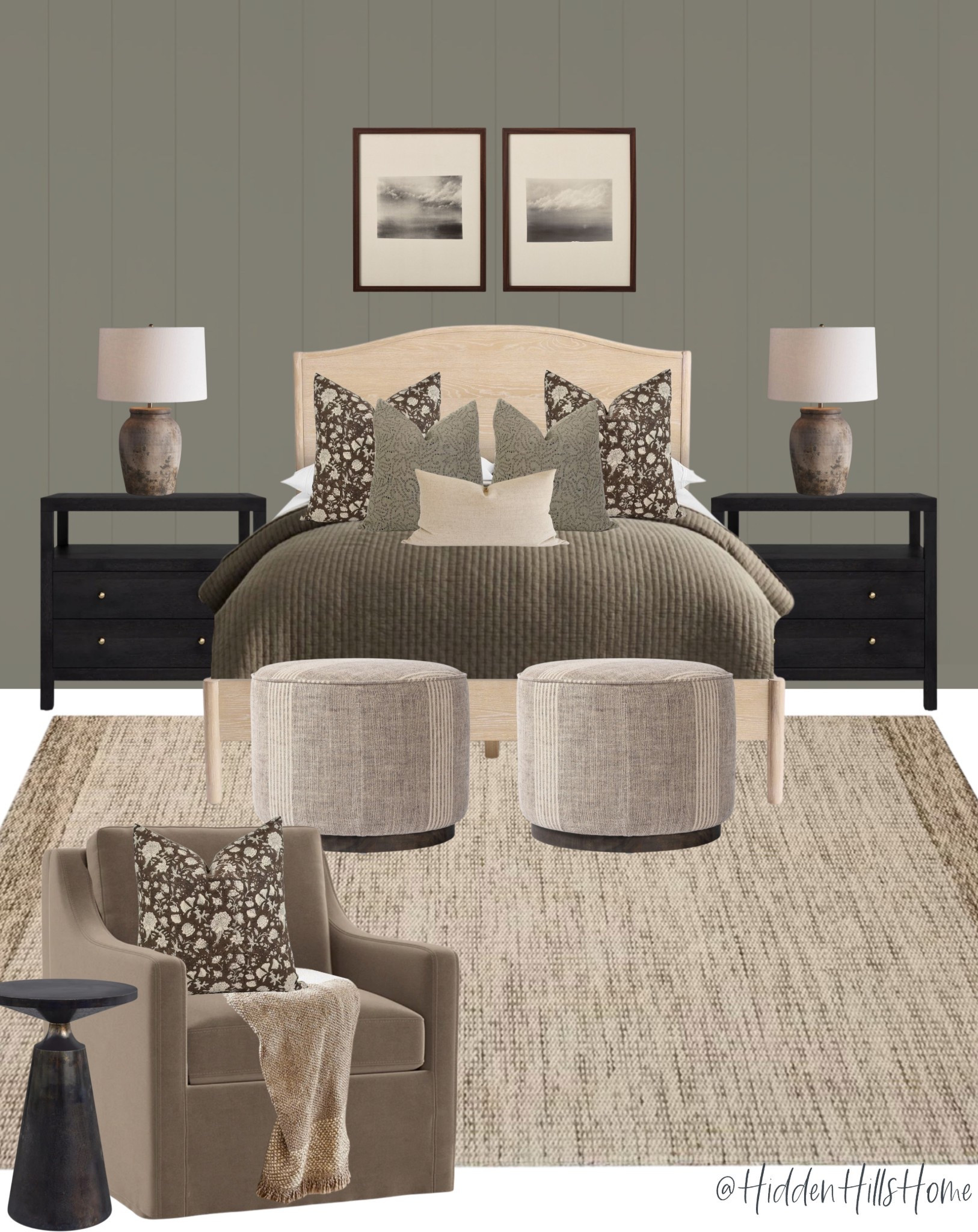 Moody master bedroom decor ideas, bedding, bedroom inspiration, home decor, bedroom design, nightstands, bedroom rug, primary bedroom mood board #bedroom
Wall color is SW Connected Gray 

#LTKSeasonal #LTKSaleAlert #LTKHome