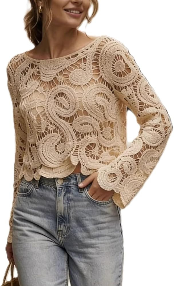 Women's Gothic Tops Crochet Long Sleeve Eyelet Embroidered Hollow Out Peasant Blouses Vintage Cropped Shirts | Amazon (US)