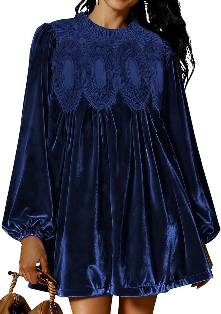 Womens A-Line Velvet Lace Overall Pleated Swing Babydoll Casual Skirtall Scallop Neck Flared Wedd... | Amazon (US)