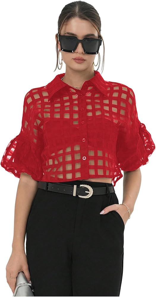 GORGLITTER Women's Sheer Puff Sleeve Tops Blouse Dressy Casual Y2K Mesh Cropped Button Down Shirt... | Amazon (US)