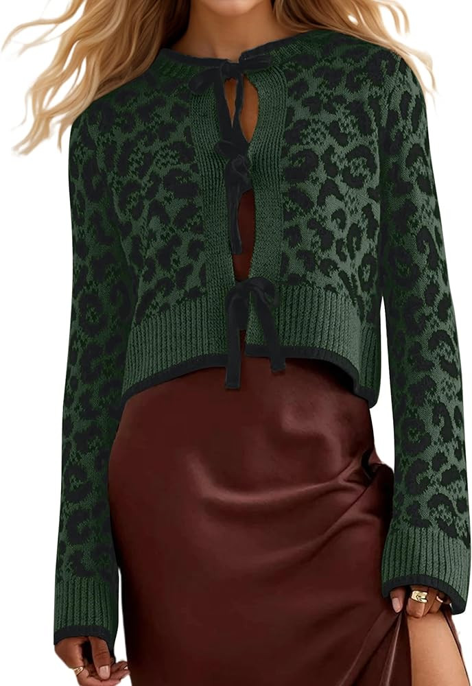 Women Leopard Bow Tie Front Cardigan Sweaters Long Sleeve Crewneck Cheetah Print Knit Cardigan Co... | Amazon (US)