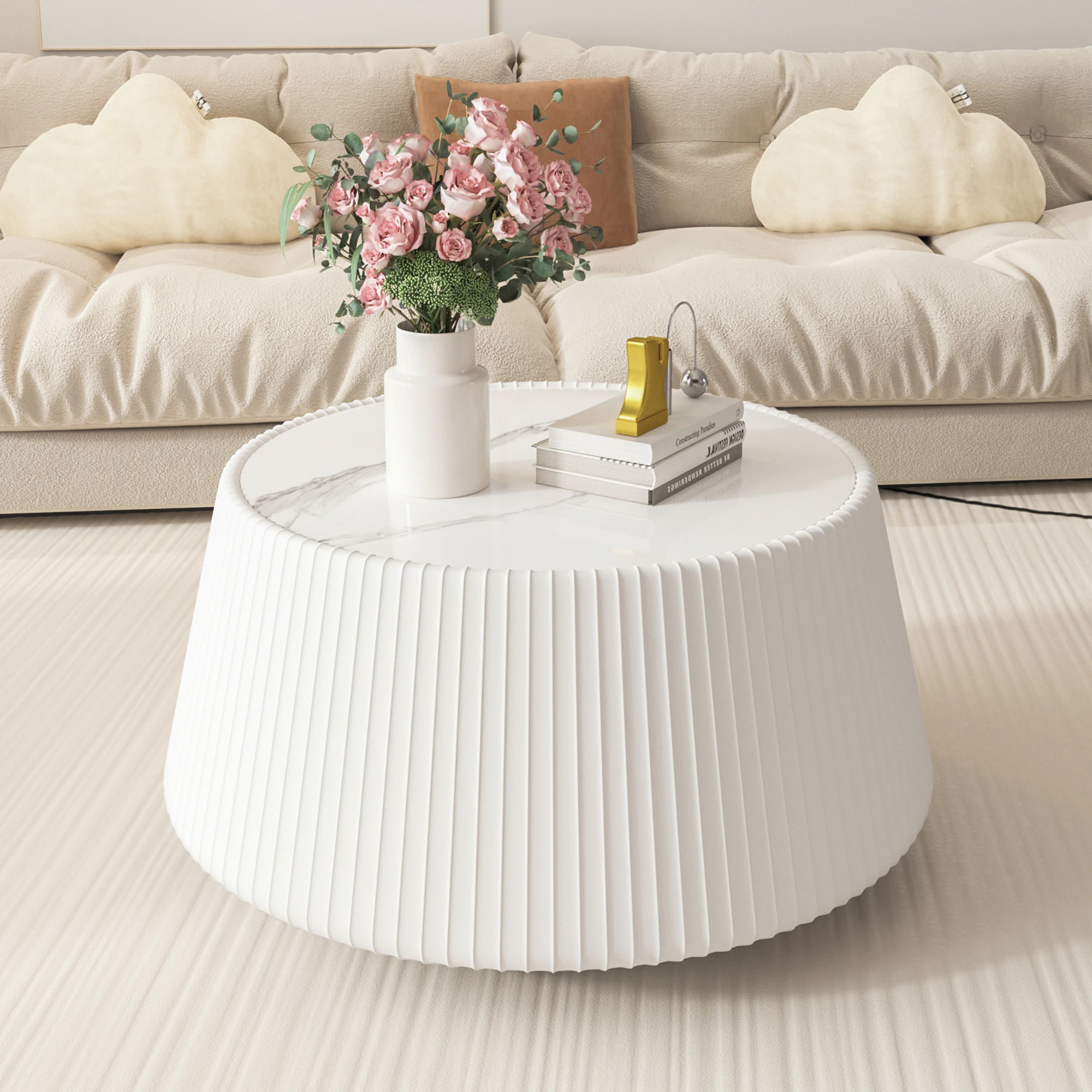 GDFStudio Indoor Modern 26.77-in Round Sintered Stone Top Wood Drum Coffee Table with PU Leather Wrapped Base No Assembly for Living Room Cream White | Lowe's