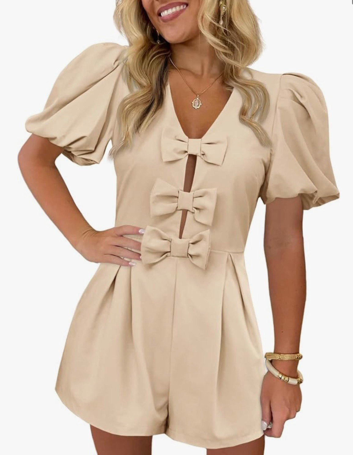 Womens Cute Rompers Bow Front Puff Sleeve V Neck Short Jumpsuits Summer Outfits with Pockets

#LTKSeasonal #LTKStyleTip