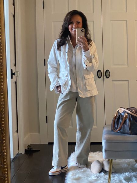 Twill wide leg trousers, a fitted white button down shirt, fun Nike sneakers, and a cream jacket. 
kimbentley, Fall outfit, trousers,
Target, Old Navy, Nike, Brooks Brothers

#LTKunder100 #LTKSeasonal #LTKshoecrush