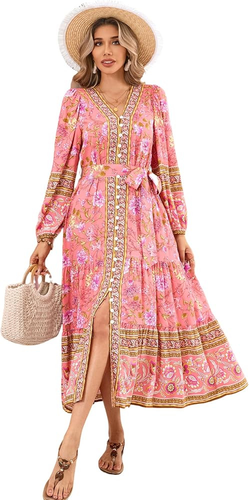 R.Vivimos Women's Long Sleeve Boho Midi Dress V Neck Floral Print Casual Button Down Loose Ruffle... | Amazon (US)