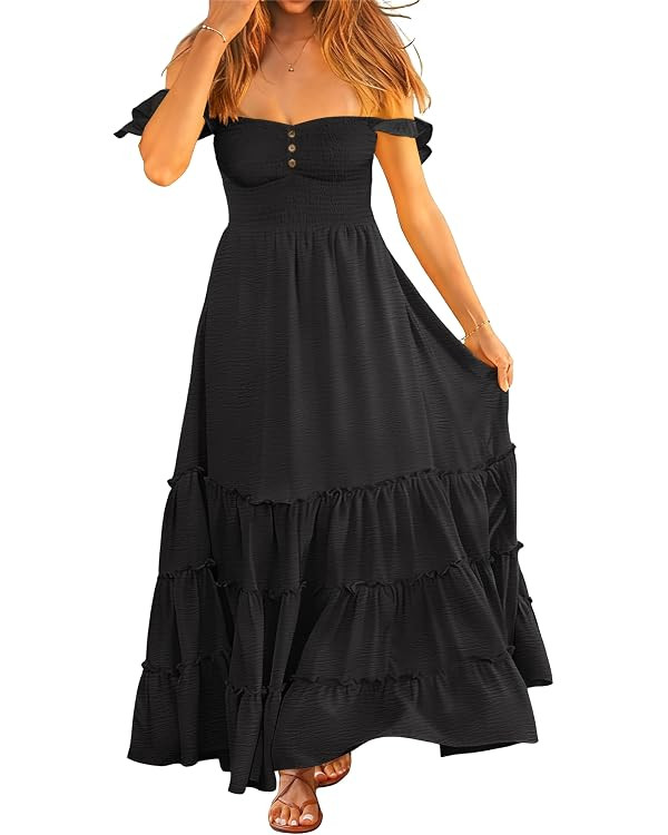 ANRABESS Womens Summer Casual Off The Shoulder Maxi Long Dress 2026 Smocked Ruffle Strap Backless... | Amazon (US)