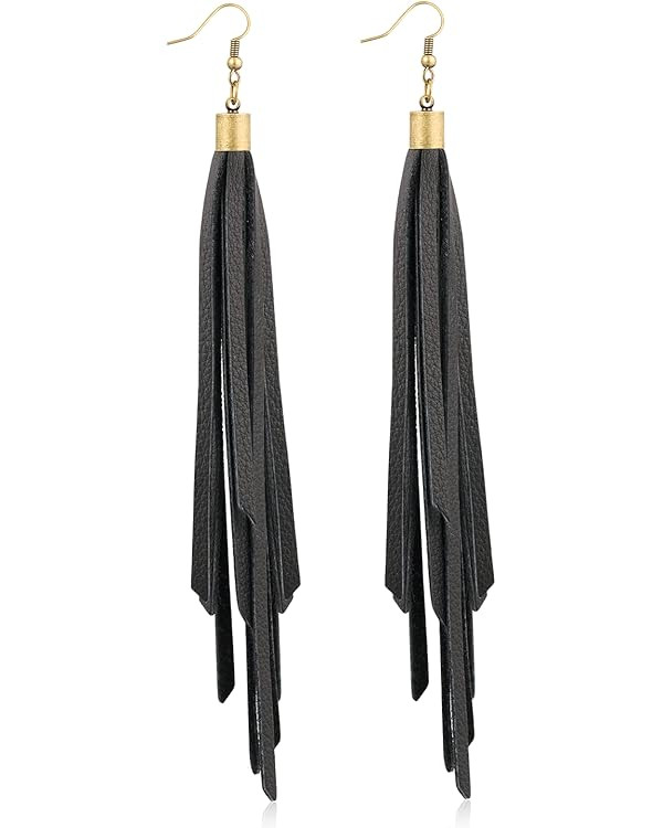 Fringe Leather Earrrings Black Brown Tassel Long Statement Boho Drop Dangel Earrings for Women | Amazon (US)