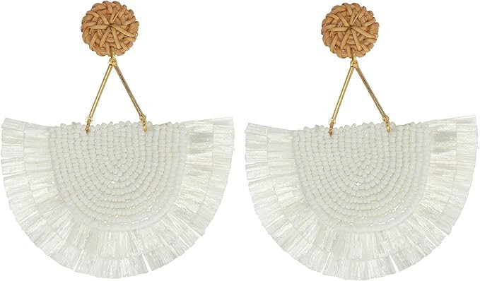 COIRIS Bohemia Beaded Fringe Statement Earrings with Long Dangling Tassel Raffia Earrings for Wom... | Amazon (US)