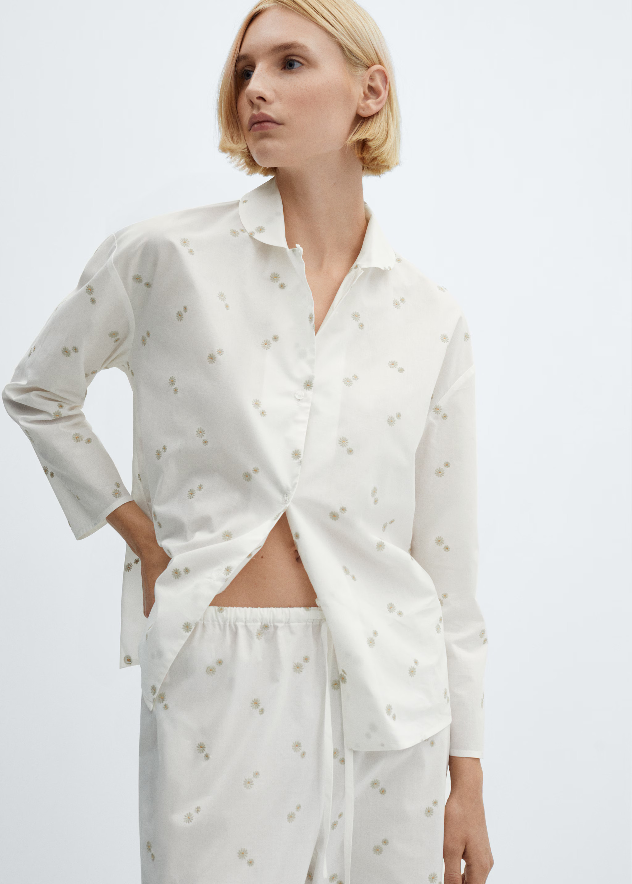 Pantalon pyjama coton broderie florale | MANGO (FR)