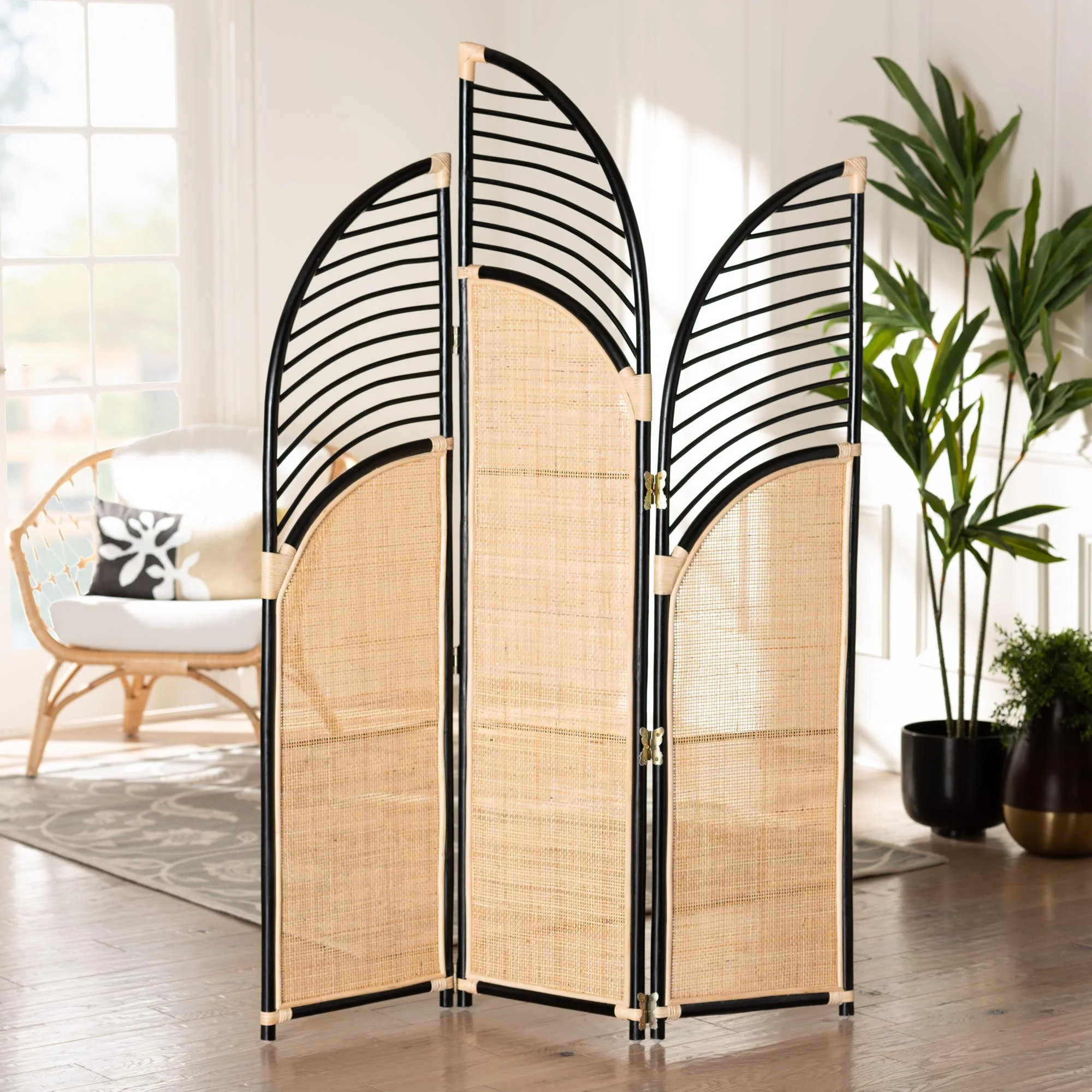 bali & pari Rasia Modern Bohemian Two-Tone Black and Natural Brown Rattan Room Divider | Walmart (US)