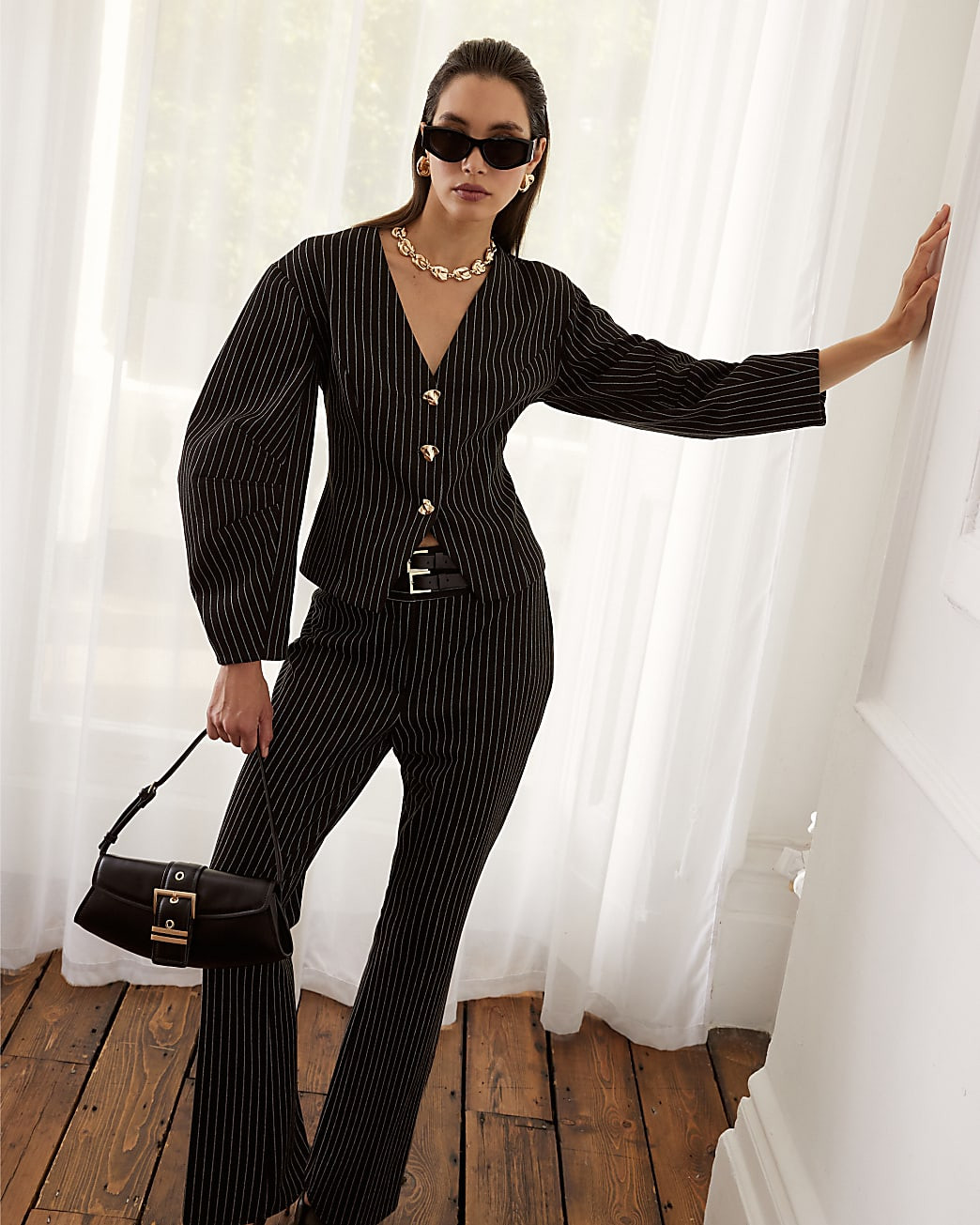Navy Pinstripe Cocoon Sleeve Jacket | River Island UK & IE