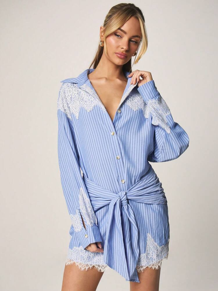 MISSGUIDED Striped Shirt Dress With Lace Trim Button Front And Tie Waist Detail Long Sleeve Mini Dress For Spring Summer Casual Day Occasions | SHEIN