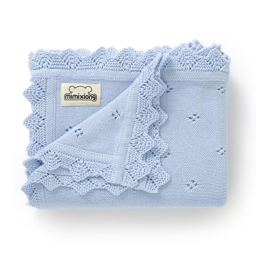 mimixiong Cotton Baby Blanket Knitted Crochet Receiving Crib Nursery Swaddling Blankets for Newborn Baby Boy Girl 30x40 Inch (LightBlue) | Amazon (US)