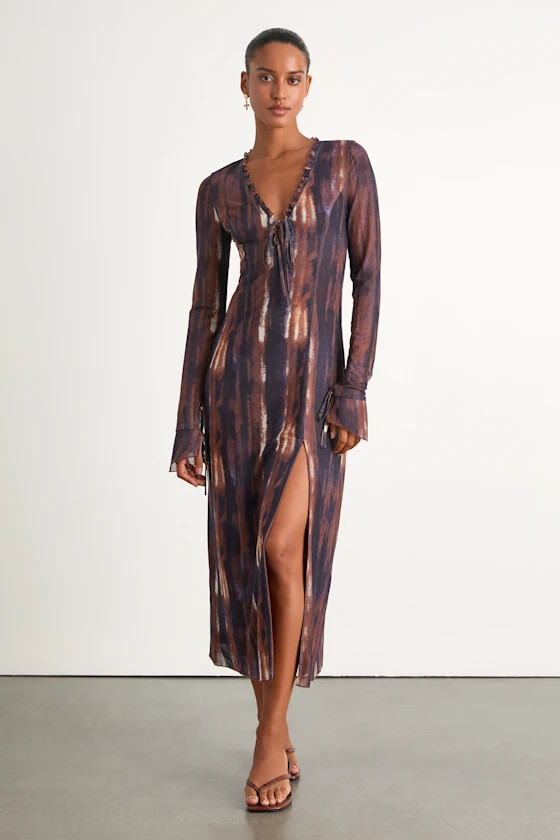 Aymeline Navy and Brown Abstract Long Sleeve Midi Dress | Lulus