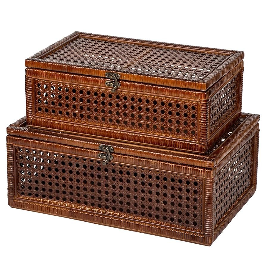 Set Of 2 Larger Size Rustic Rattan Box With Lids,Antique Color Rattan Decorative Box for keepsake... | Amazon (US)