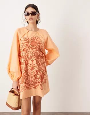ASOS EDITION embroidered trapeze mini dress with balloon sleeve in orange | ASOS (Global)