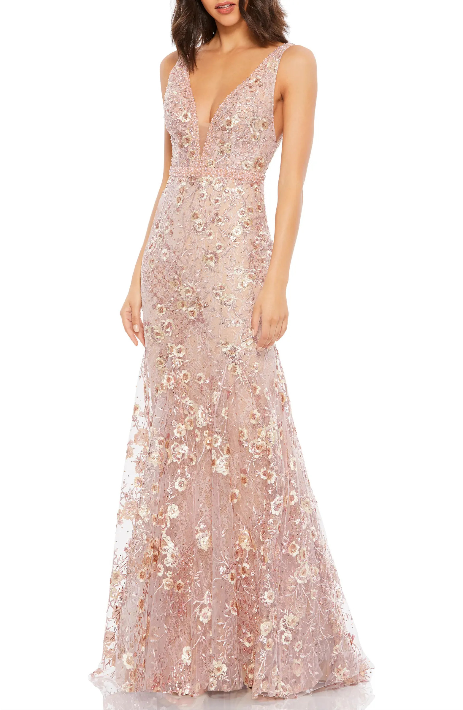 Floral Embellished Sleeveless Plunge Neck Gown | Nordstrom