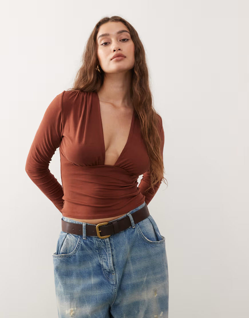 Weekday plunge long sleeve top in rustic red exclusive to ASOS | ASOS (Global)