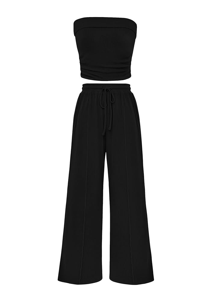 PRETTYGARDEN Womens Summer Outfits 2 Piece Sets Casual Ribbed Knit Crop Tube Top Wide Leg Pants S... | Amazon (US)