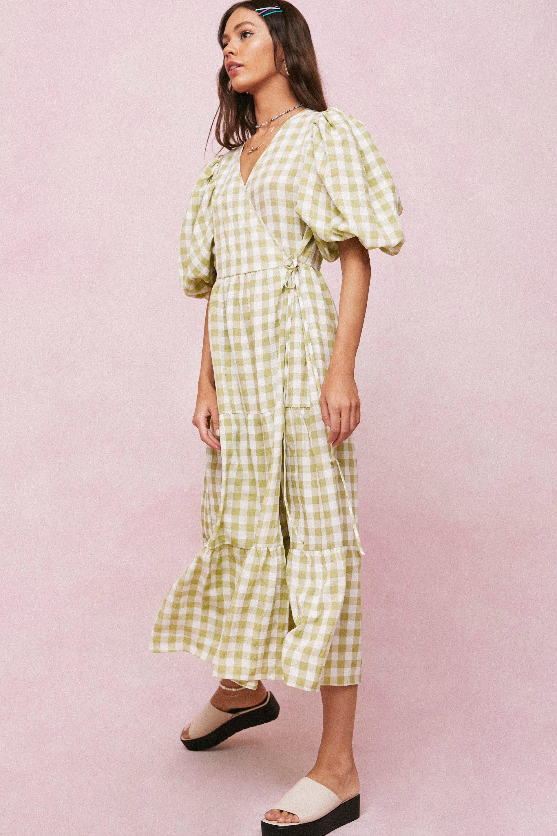 Puff Sleeve Wrap Check Midi Dress | Nasty Gal (US)