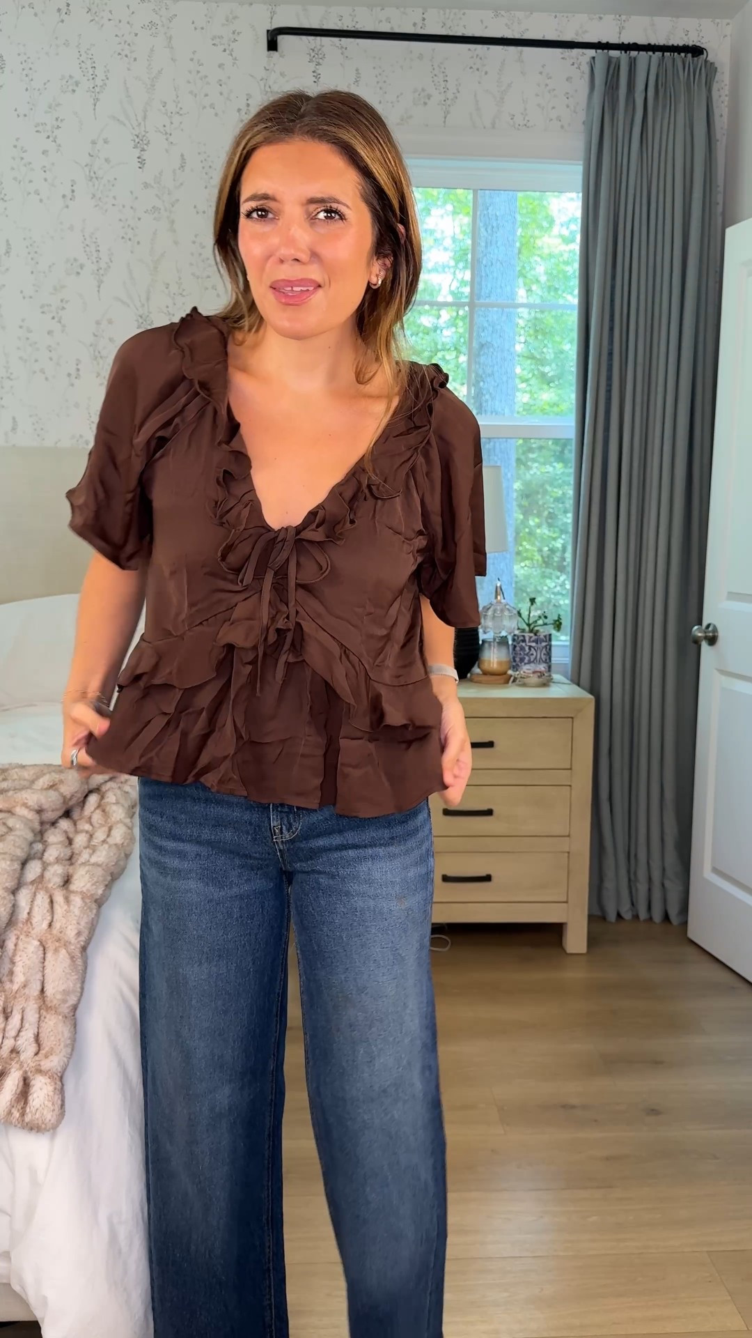 LOVING all of the brown for fall! Ruffle top in a size small. Currently 40% off! 

#LTKOver40 #LTKSaleAlert #LTKFindsUnder50