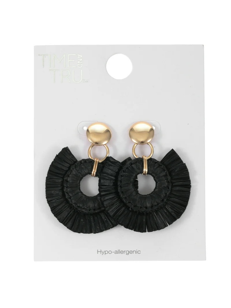 Time and Tru Woven Raffia and Goldtone Earring, Black, 1 Pair | Walmart (US)