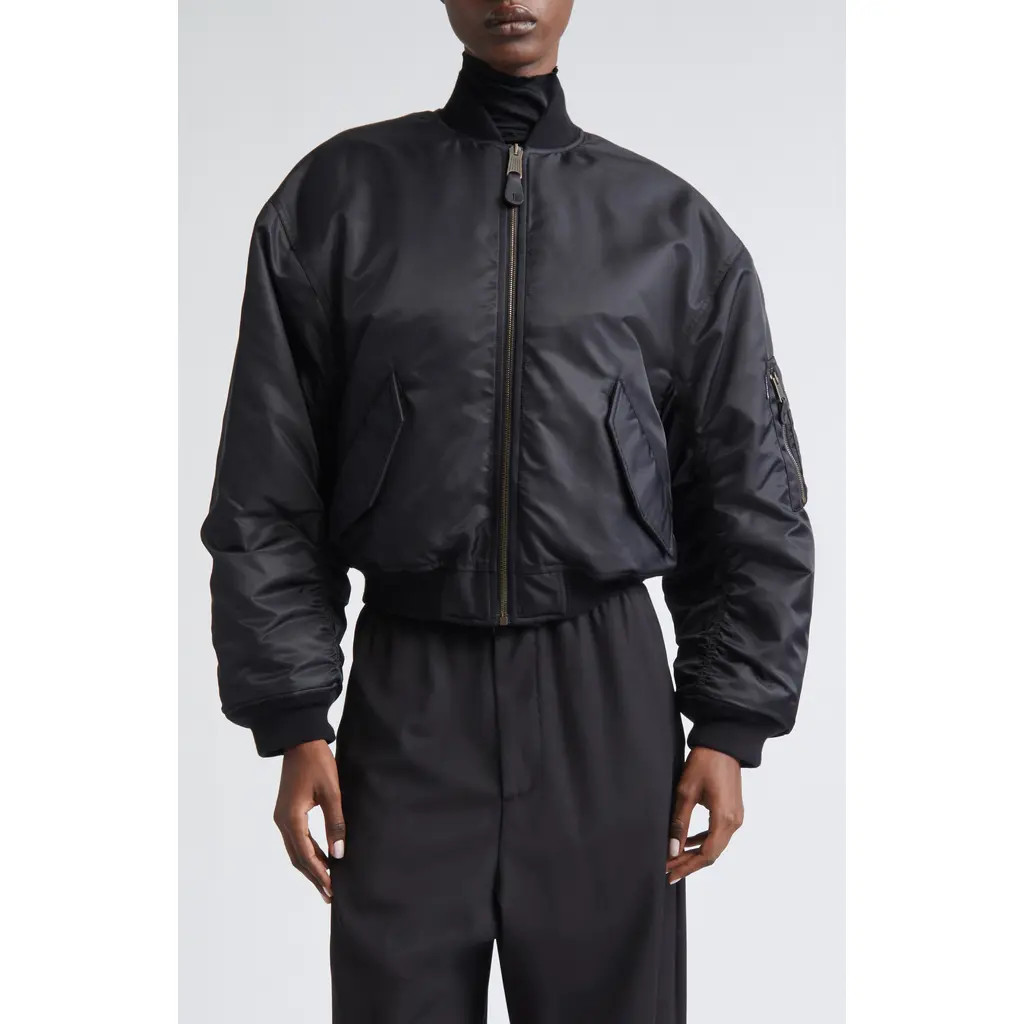 Balenciaga Ruched Sleeve Satin Bomber Jacket in 1000 Black at Nordstrom, Size X-Small | Nordstrom