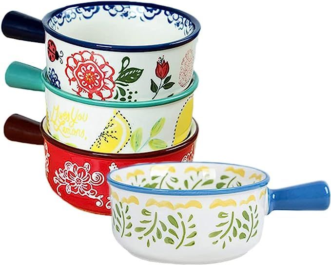 Soup Bowls with Handles, Set of 4, 15.5 Ounce Ceramic French Onion Soup Crocks, Porcelain Serving... | Amazon (US)