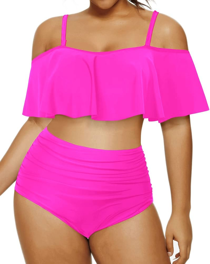 Daci Women Plus Size Two Piece Bikini Ruffle Swimsuits with High Waisted Tummy Control Bottom Ruched | Amazon (US)