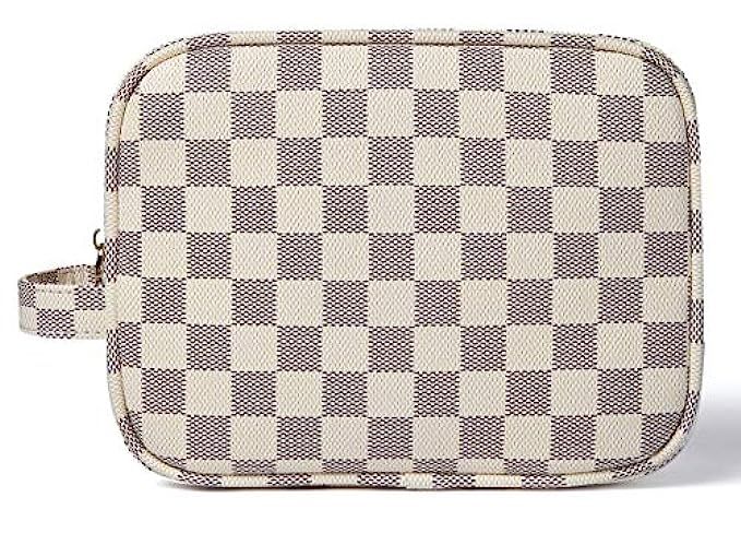 Daisy Rose X Katy Roach Luxury Checkered Make Up Bag | PU Vegan Leather Cosmetic toiletry Travel bag | Amazon (US)