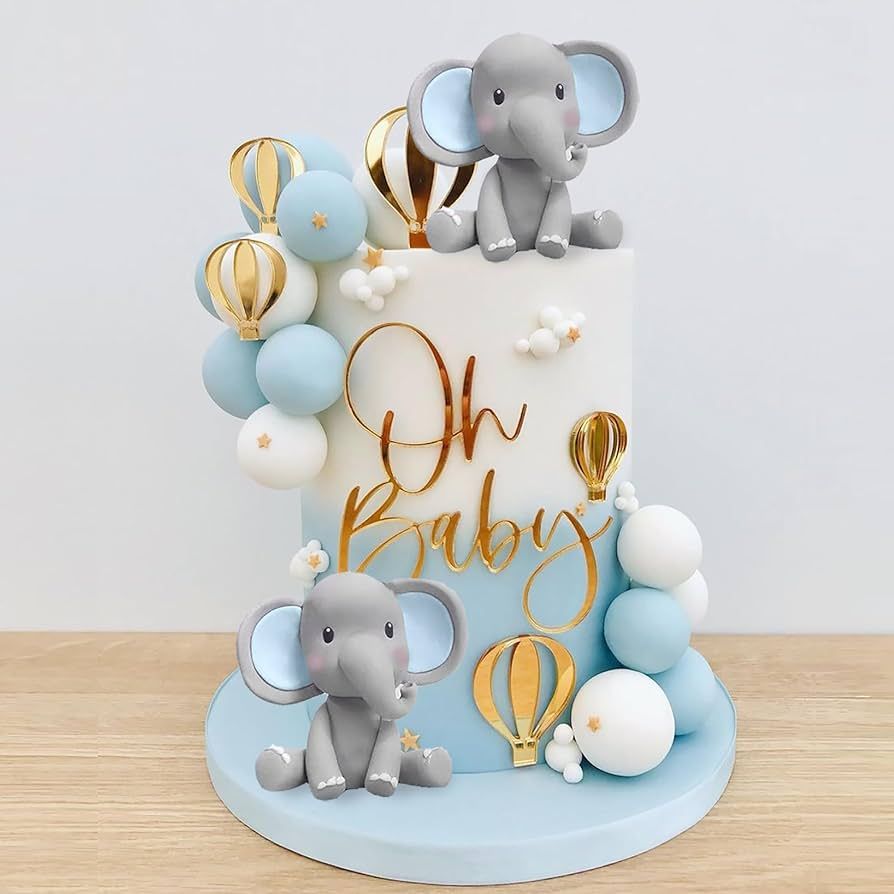 Elephant Cake Decoration with Mini Elephant Oh Baby Cake Topper Blue White Pearl Balls Hot Air Ba... | Amazon (US)